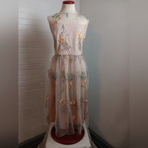 Jessica Howard Sheer Floral Embroidered Dress Dusty Rose Pink Sz 14